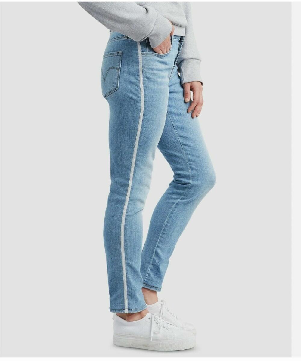 Levi's Classic Mid Rise Skinny Jeans Cropped Silver Shimmer Side Stripe Size 29